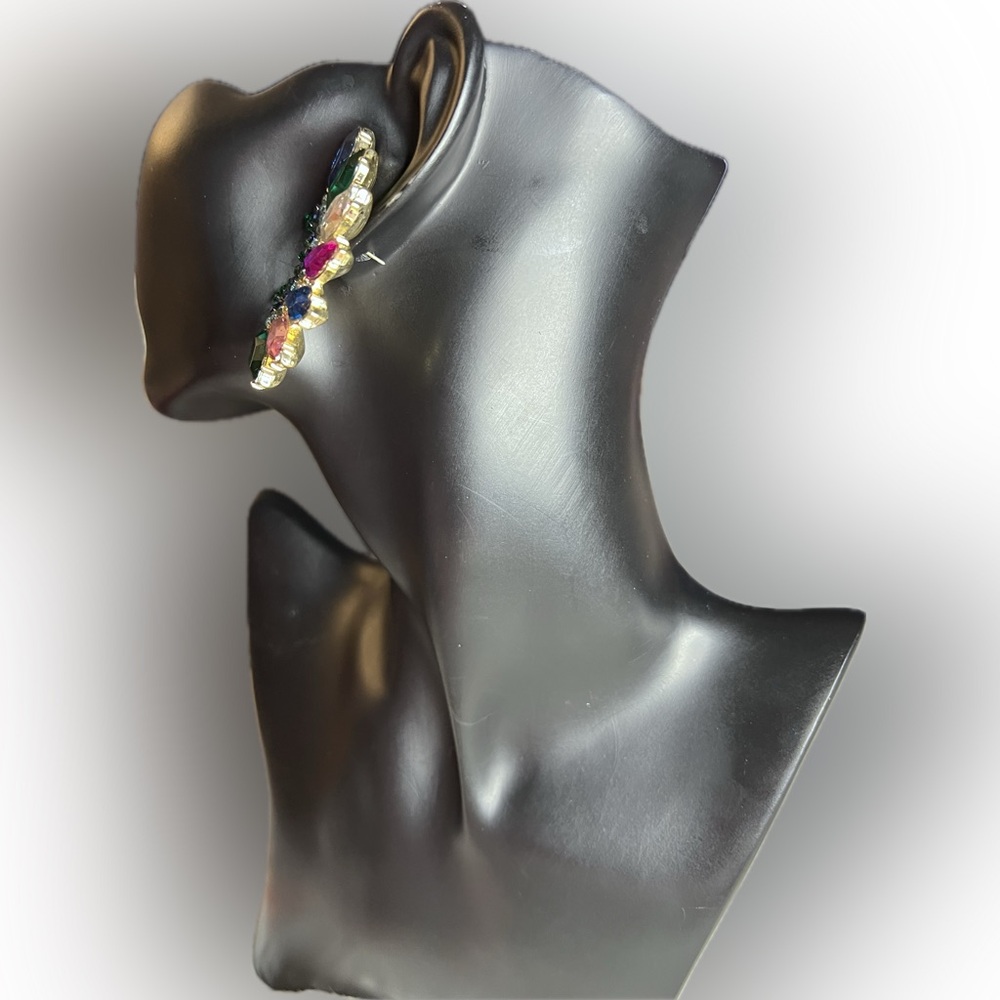 Vintage Style Crawler Statement Earrings Multi-Colored in Gold Tone Setting - Picture 2 of 9